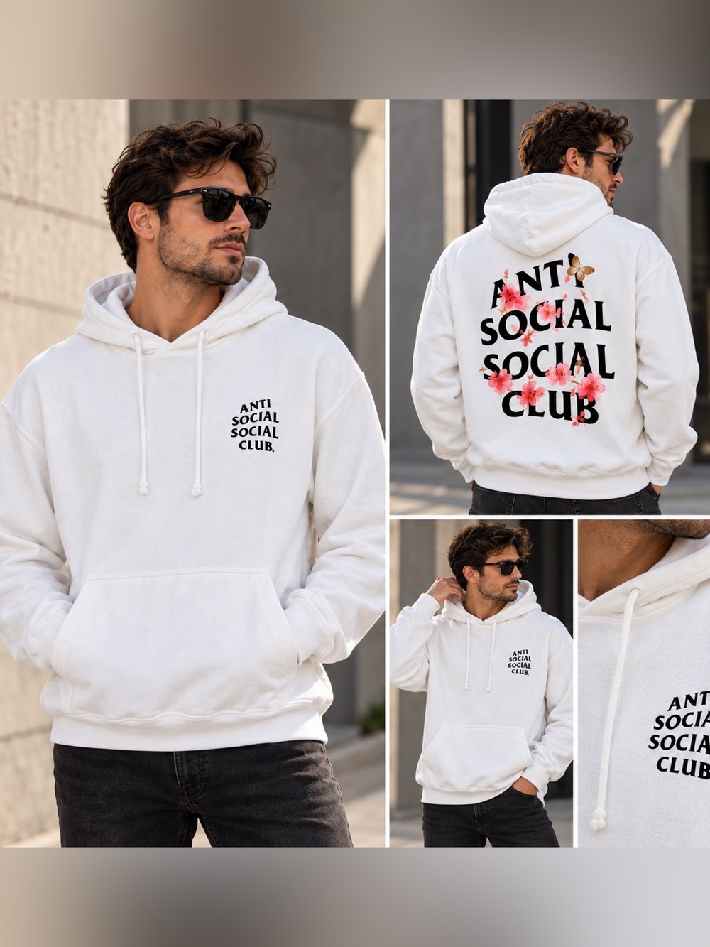 Anti Social Social Club White Hoodie with Floral Back Logo